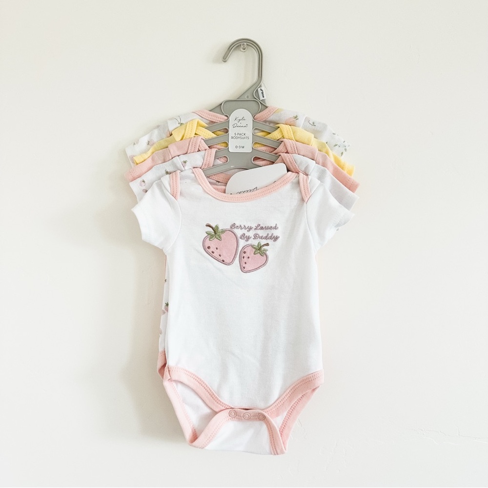 Berry Themed Baby Girl Onesie Set of 5 - White, Pink, and Yellow 0-3 Month NWT